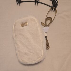 Bath & Body Works White Sherpa Fur Fluffy Makeup Bag Purse Crossbody Gold Strap